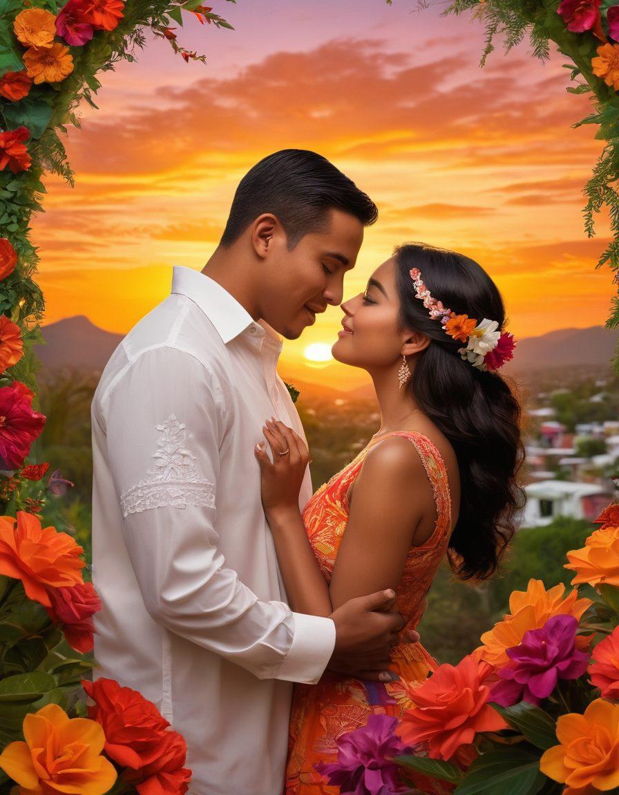 A romantic scene depicting a diverse couple sharing an intimate moment under a sunset sky adorned with vibrant colors, surrounded by traditional Blatino elements like papel picado and lush greenery. Include symbols of love such as hearts and flowers, and showcase the couple engaging in a cultural celebration, reflecting warmth and connection. Include a blend of urban and natural landscapes in the background to represent the harmony of Blatino culture. super-realistic. vibrant colors. sunset backdrop.