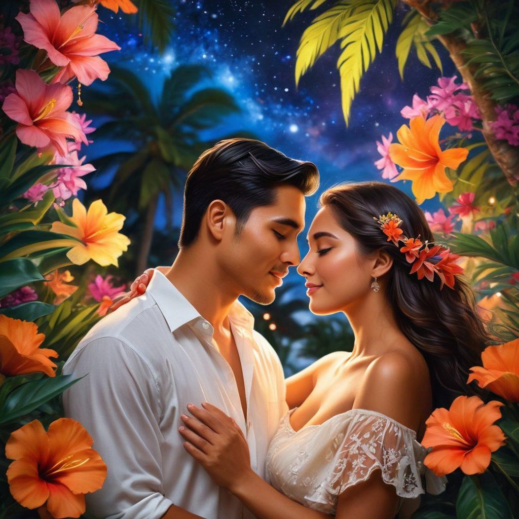 A romantic scene depicting a Blatino couple sharing a heartfelt moment under a starry sky, surrounded by vibrant tropical flowers symbolizing love. The couple is intertwined in an affectionate embrace, their expressions full of warmth and joy. Soft, glowing lights create a dreamy atmosphere, reflecting the essence of passion and connection. Enhance with rich colors and a hint of magic to evoke emotion. super-realistic. vibrant colors. dreamy ambiance.